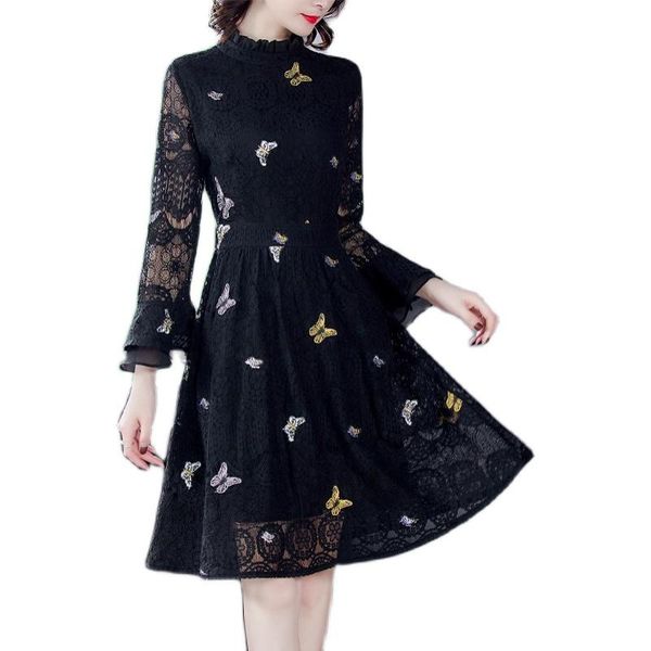

arrival spring autumn women dress butterfly embroidery speaker sleeve black lace casual dresses, Black;gray