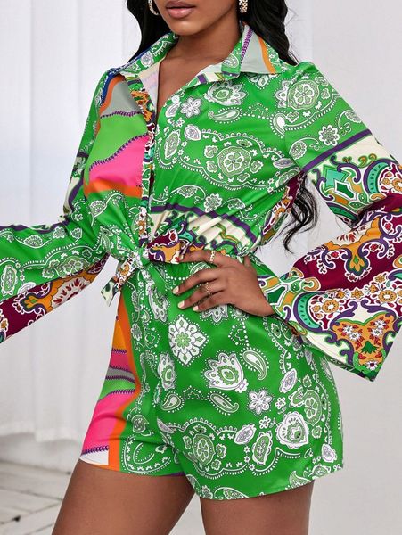 

floral & paisley print trumpet sleeve knot front shirt romper i8e6#, White