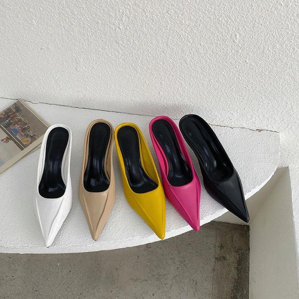 

slippers 2021 summer women ulzzang fashion mules designers multi color pointed toe casual shoes slides woman med heel outside, Black