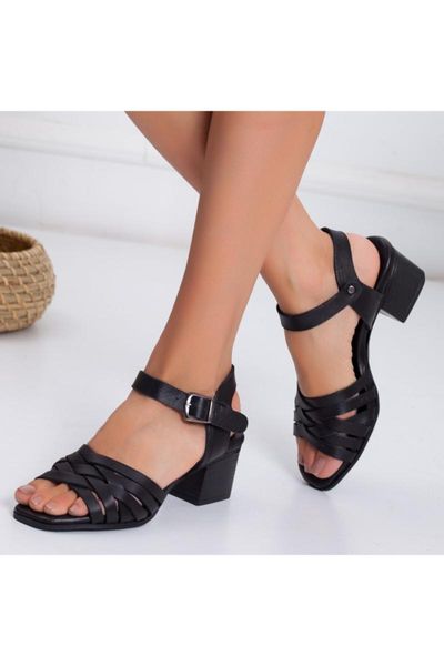 

sandals genuine leather high-heeled, Black