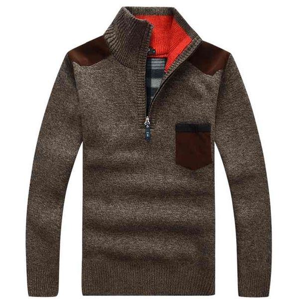 

winter mens pullover knitted sweater male wool fleece thick casual pullover patchwork warm pocket sweater standing collar 210809, White;black