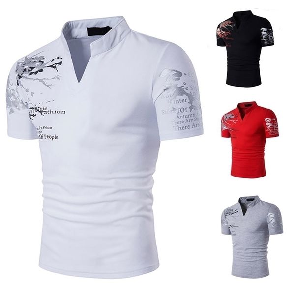 

cotton t-shirts mandarin collar short sleeve tee spring summer new men brand clothing slim fit 210409, White;black