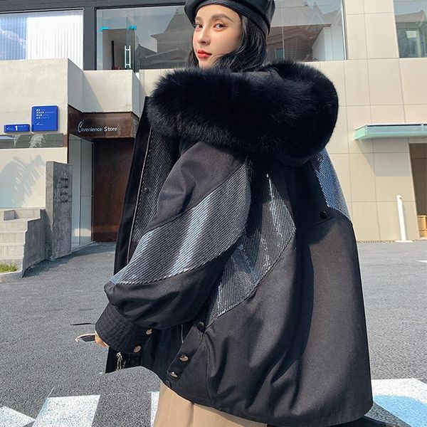 

women's fur & faux plus size detachable liner parka warm women's coat mid-length 2021 fashionable winter casual loose real, Black