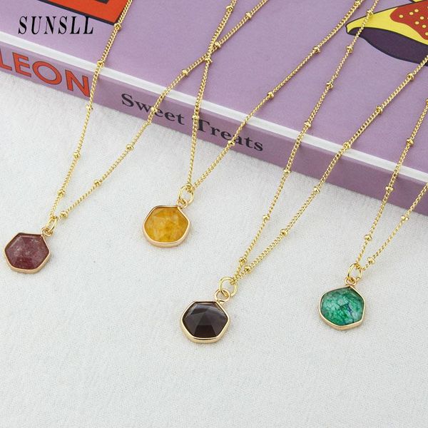 

pendant necklaces sunsll design ins selling candy colors light luxury hexag natural stone retro gold-plated necklace jewelry gift, Silver