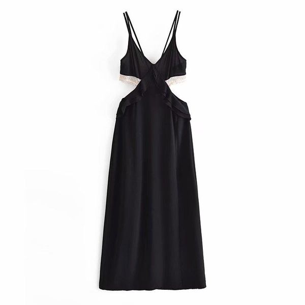 

casual dresses woman lace patchwork sling long dress female elegant hollow out v neck party ladies black slim side slit, Black;gray