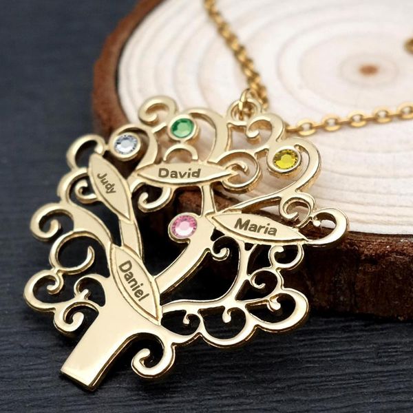

personalized family tree mom's necklace name with birthstone grandma's gift chains, Silver