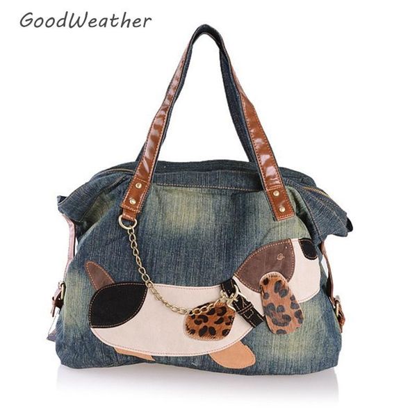 

shoulder bags casual big dog print denim bag blue jeans handbag woman large capacity weekend tote for travel