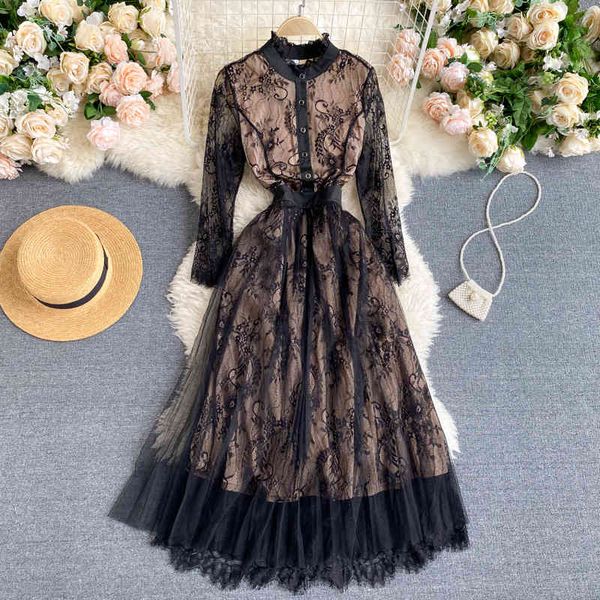 

singreiny mesh hook flower hollow dress women o neck long sleeve button a-line dress spring korean fashion streetwear midi dress 210419, Black;gray