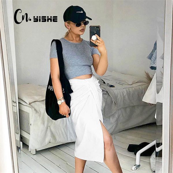 

cnyishe midi high waist a-line skirts women summer fashion split women skirts regular streetwear office lady bottoms 210419, Black