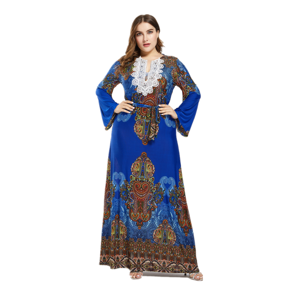 

plus size dresses autumn ladies women party long flared sleeve print ice silk bohemian lace collar tunic dress, Black
