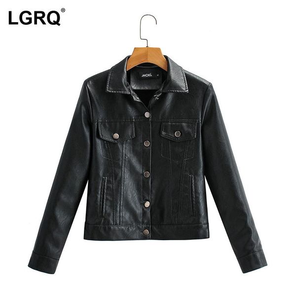 

women's leather & faux [lgqr] pockets designbiker fit pu leatherl jacket lapel long sleeve women coat fashion tide spring autumn 2021 1, Black