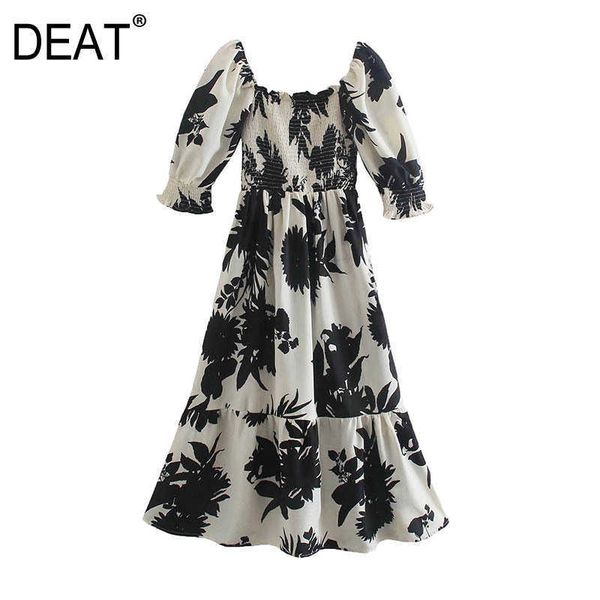 

[deat] summer fashion square collar high waist knee-length short sleeve printing elegant dress women 13c615 210527, Black;gray