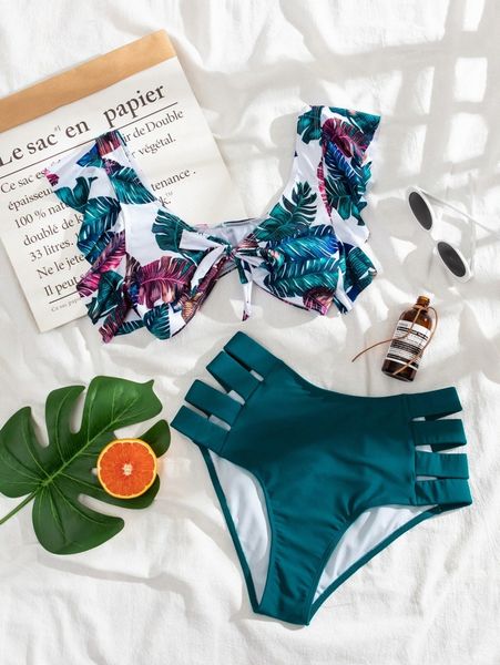 

tropical ruffle trim bikini swimsuit 70bb#, White;black