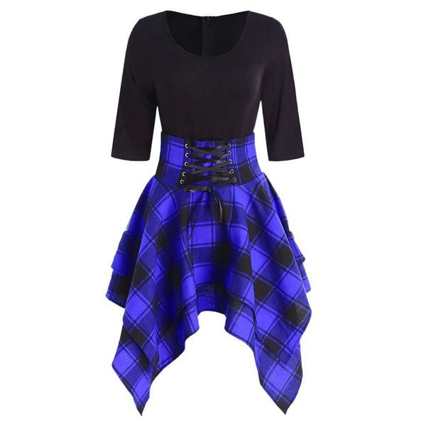 

large size women dress womens dresses fashion casual o neck lace up tartan plaid print a line polyester vestidos mujer, Black;gray