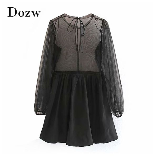 Frauen schwarzes Mesh Patchwork Kleid transparent Lantern Langarm Chic Mini Lady O Hals Bow Stylische Feiertag Frauen 210515