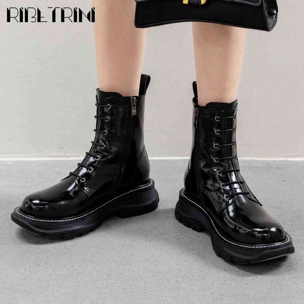 

boots brand design skidproof sole shoelaces patent leather motorcycles boot fashion winter shoes boots women, Black