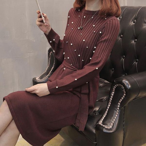 

bonjean women casual polka long party winter dresses sleeve o neck sweater dress knitted boho vestidos, Black;gray