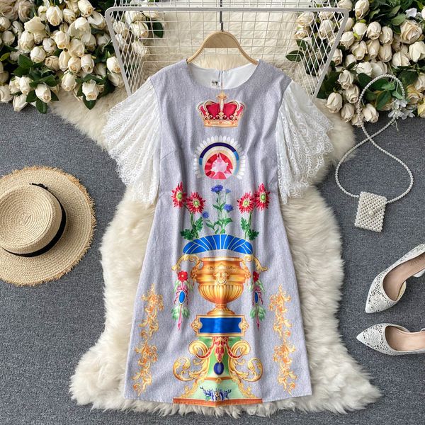 

singreiny women design retro print dress chic lace short sleeve o neck a-line dress summer korean fashion streetwear short dress 210419, Black;gray