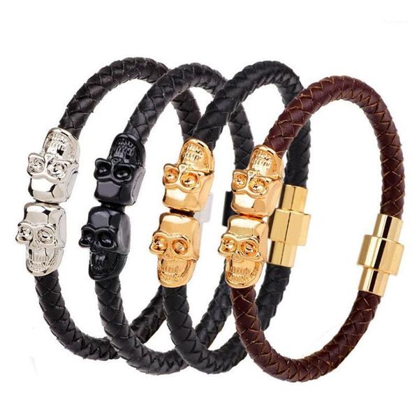 

fashionable european and american source cowhide bracelet men's domineering skull woven magnetic clasp bracelet factory direct s1, Black