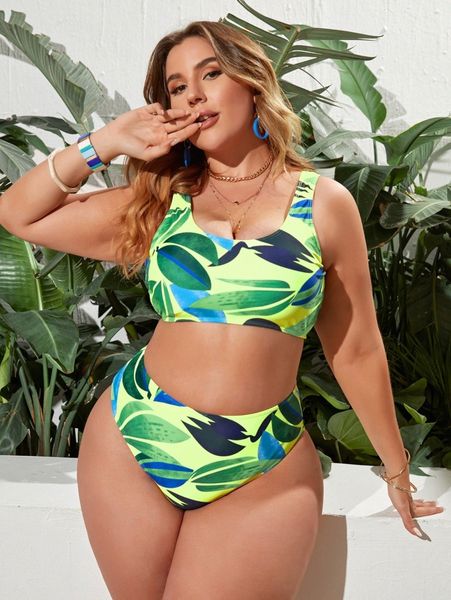 

plus tropical print high waisted bikini swimsuit t20h#, Black