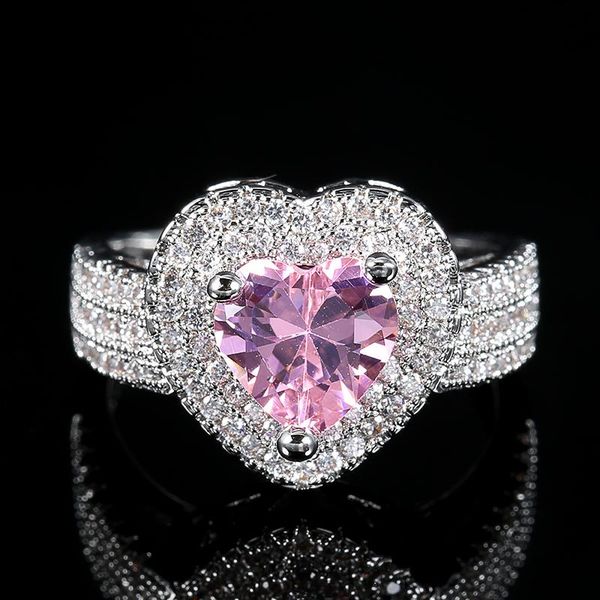 

cluster rings kinel luxury heart pink zircon for women silver color fashion wedding jewelry engagement ring christmas gift, Golden;silver