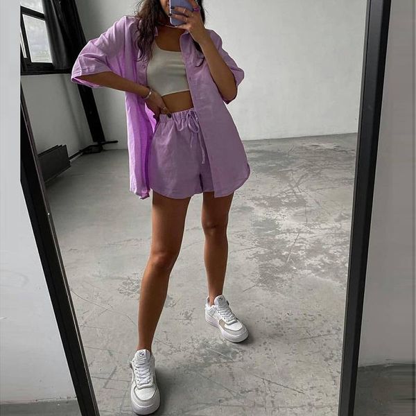 

women's tracksuits fashion women two piece sets casual turn-down button cardigan shirt and drawstring shorts pant summer sleeve solid s, Gray