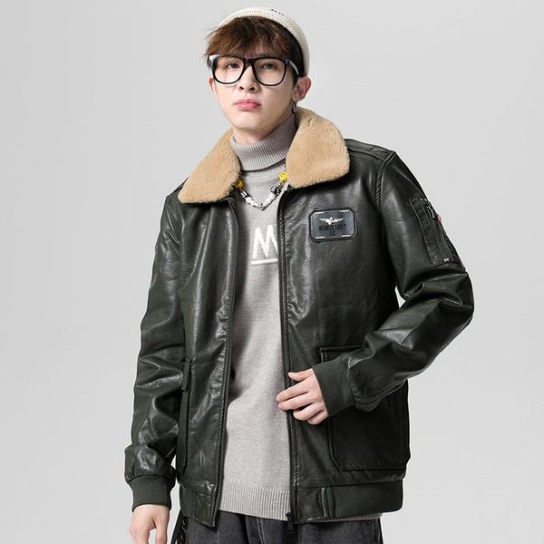 

men's fur & faux boutique urban men s wear 2021 winter korean youth handsome leather coat slim casual, Black