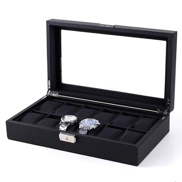 

watch boxes & cases 12 grids bla woven pattern box pu case storage organizer for men women jewelry 2021 gift, Black;blue