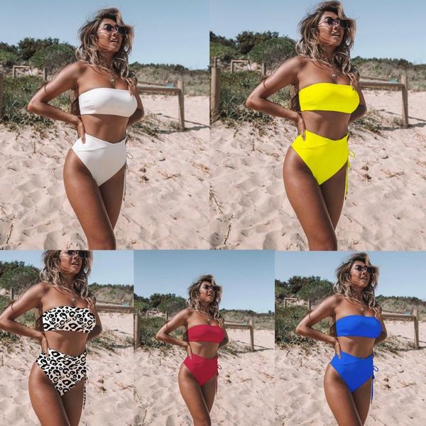 

one-piece suits 2021 solid high waist two pieces bikini set swimsuit female women beachwear swimwear bather bathing suit
