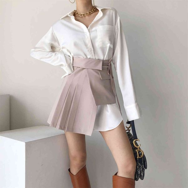 

two piece dress hzirip autumn high street 2 sets waist femme elegant mini skirts suits loose chic women fashion solid shirts x16d, White