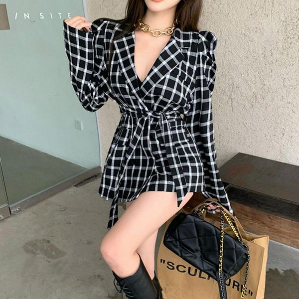 

women's suits & blazers vintage women coat mid-long contrast color plaid plus size blazer 2021 casual bubble sleeve loose waist tie ele, White;black
