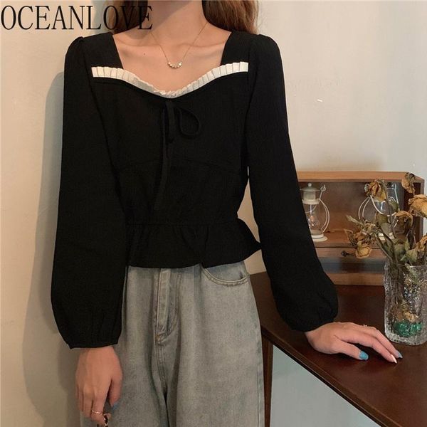 

women's blouses & shirts oceanlove blusas feminina black patchwork square neck autumn puff sleeve korean women ruffles short ropa muje, White