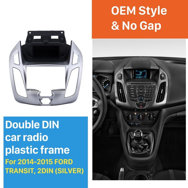 Silberner Doppel-DIN-Autoradio-Einbau für 2014–2015 Ford Transit, Armaturenbrett-Halterung, Stereo-Einbaurahmen, Auto-Armaturenbrett-Abdeckungen