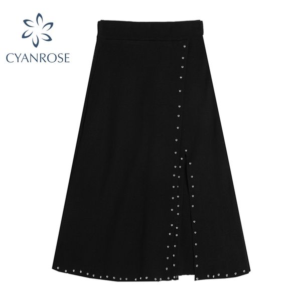 

high waist a-line women's skirt spring summer chic hem split tide black clothes streetwear leisure mid-long clothing 210417