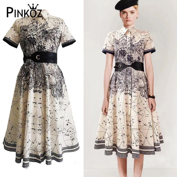 

runway designer celebrity midi dress for women turn down collar printed a-line summer fashion party dresses chic 210421, Black;gray