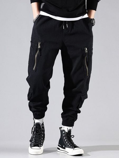 

men zipper pocket cargo pants m1yz#, Black