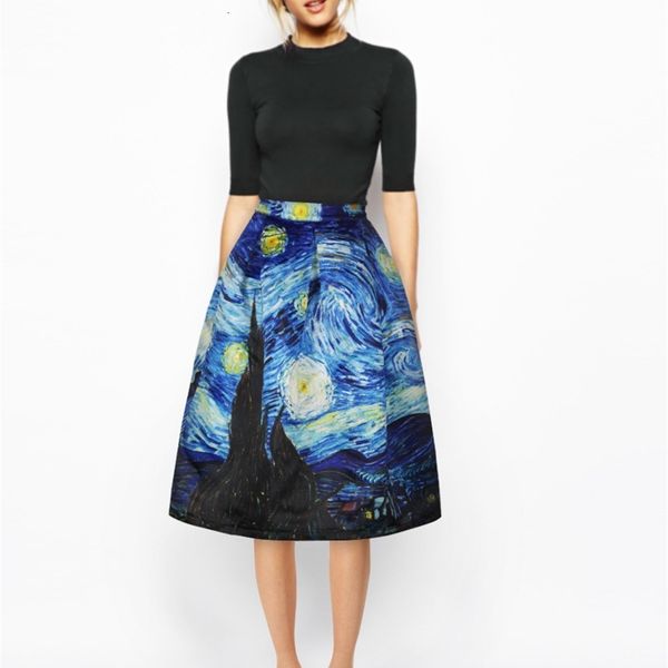 

skirts falda vintage de cintura alta para mujer, falda ropa r83 trabajo por bajo la rodilla con estampado van gogh y nubes y0zc, Black