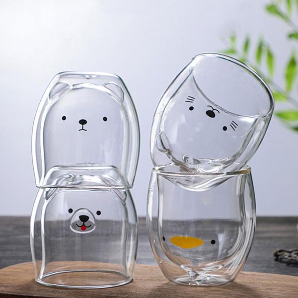 

mugs lovely glass bear cat dog animal double-layer tea milk coffee cup with round mouth prevent scald cartoon christmas gift