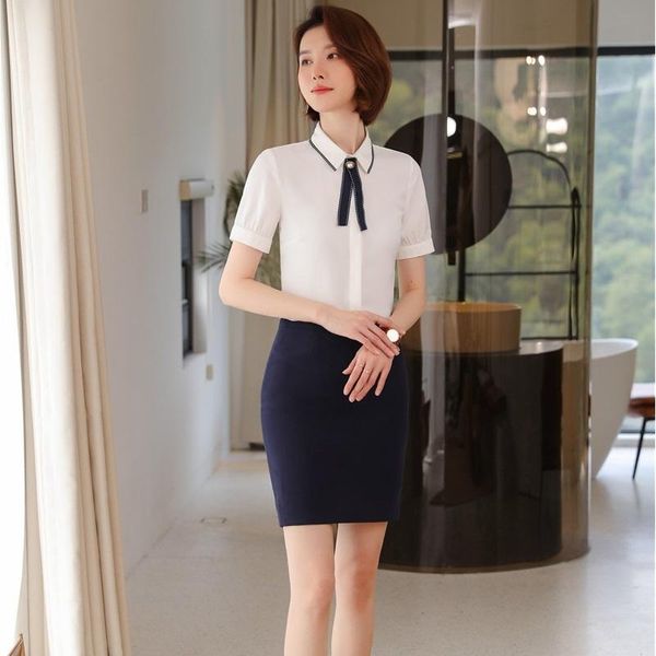 

two piece dress 2021 women 2 pieces formal professional suit with slim skirt and blouse tie novelty white female office ladies shirt sets
