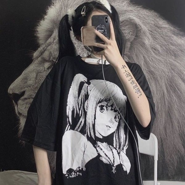 

hip hop streetwear harajuku woman black t shirt vintage retro japanese style anime girl summer tee clothes 220602, White