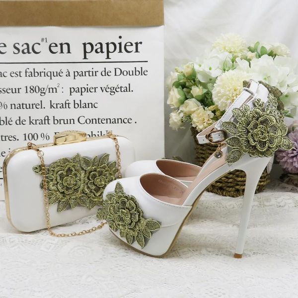 

dress shoes high heels summer sandals wedding shoe bride round toe ankle strap ladies party pumps woman big size purse set white, Black
