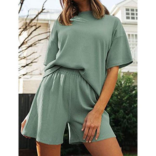 

women's tracksuits round neck solid fashion female suit short sleeve + shorts causal all-match two piece set clothing, Gray