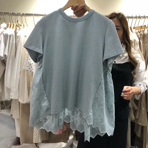 

summer women's shirt korean style pure color lace round neck pullover loose commuter female slimming shirts t-shirt, White