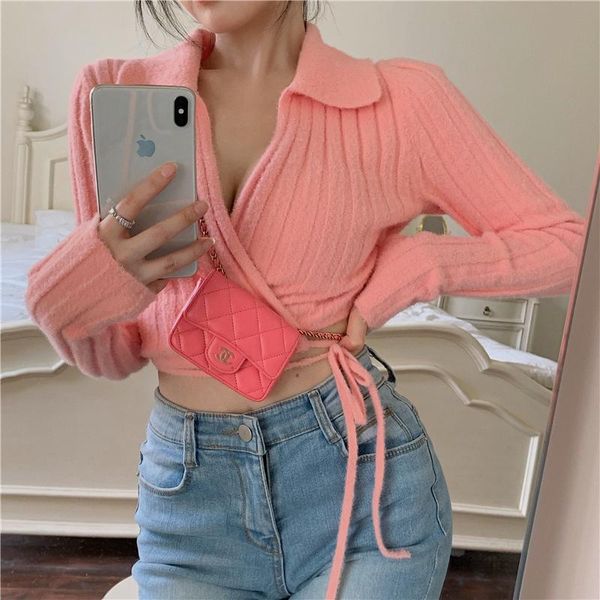 

women's knits & tees women spring autumn solid pink color v neck cardigan sweater coat female long sleeve outwear lace up knitted (r99, White