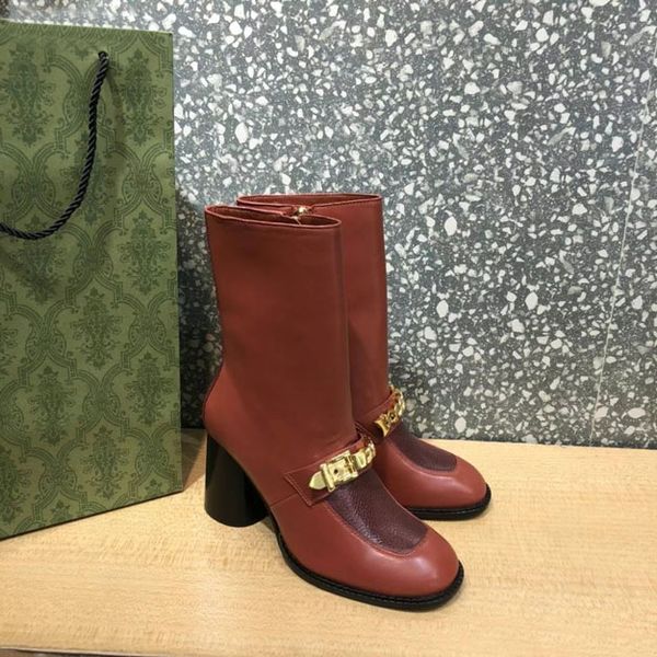 stivali da donna retrò di alta qualità moda catena d'oro fibbia vera pelle stivaletto primavera e autunno festa di strada spettacolo tacco alto 8 cm scatola di lusso 35-42