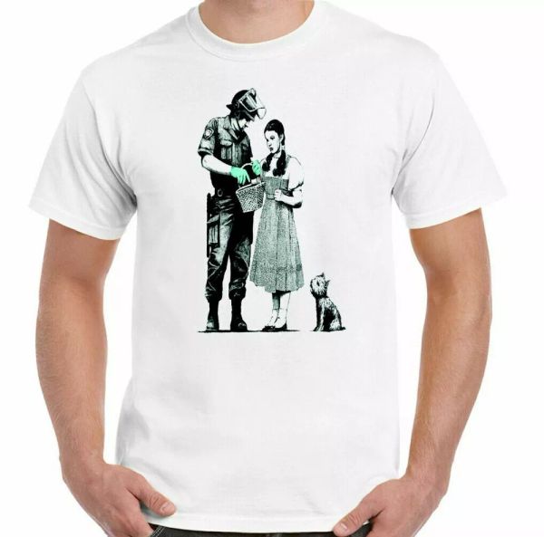 

Banksy t shirt stop and search mens street art graffiti top, White;black