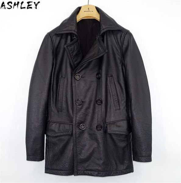 

men's leather & faux men 2021 black long genuine pea coat plus size xxxxl real cowhide winter russian casual