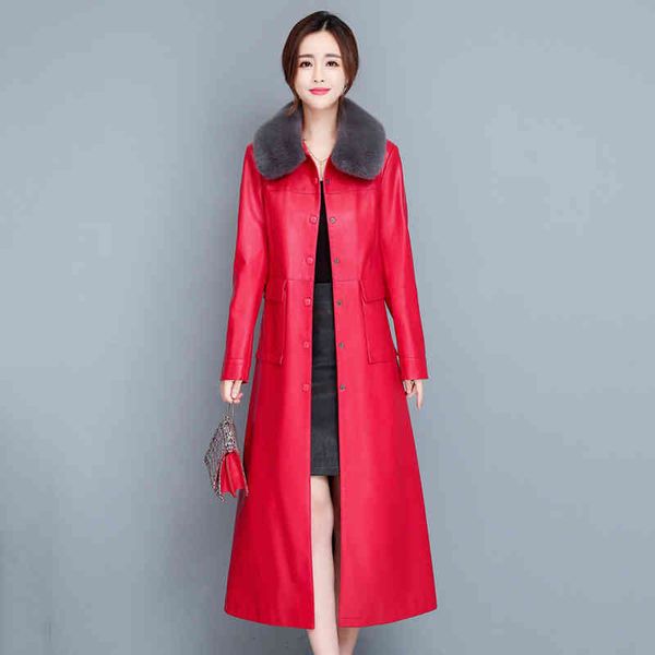 

women's trench coats leather coat autumn winter fashion warm detachable fur collar plus cotton liner thick slim sheepskin overcoat, Tan;black