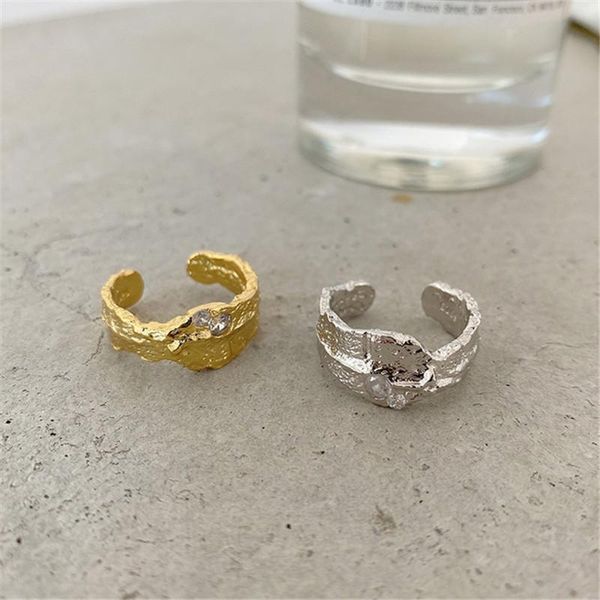 

cluster rings ruiyi real 925 sterling silver women minimalist muscle texture zircon girls punk hyperbole irregular uneven niche, Golden;silver