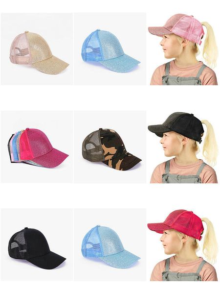 

5pcs kids sequins baseball cap 2-8y 9 colors boys girls ponytail ball hat net sun hats adjustment visor caps children boutique accessories, Yellow
